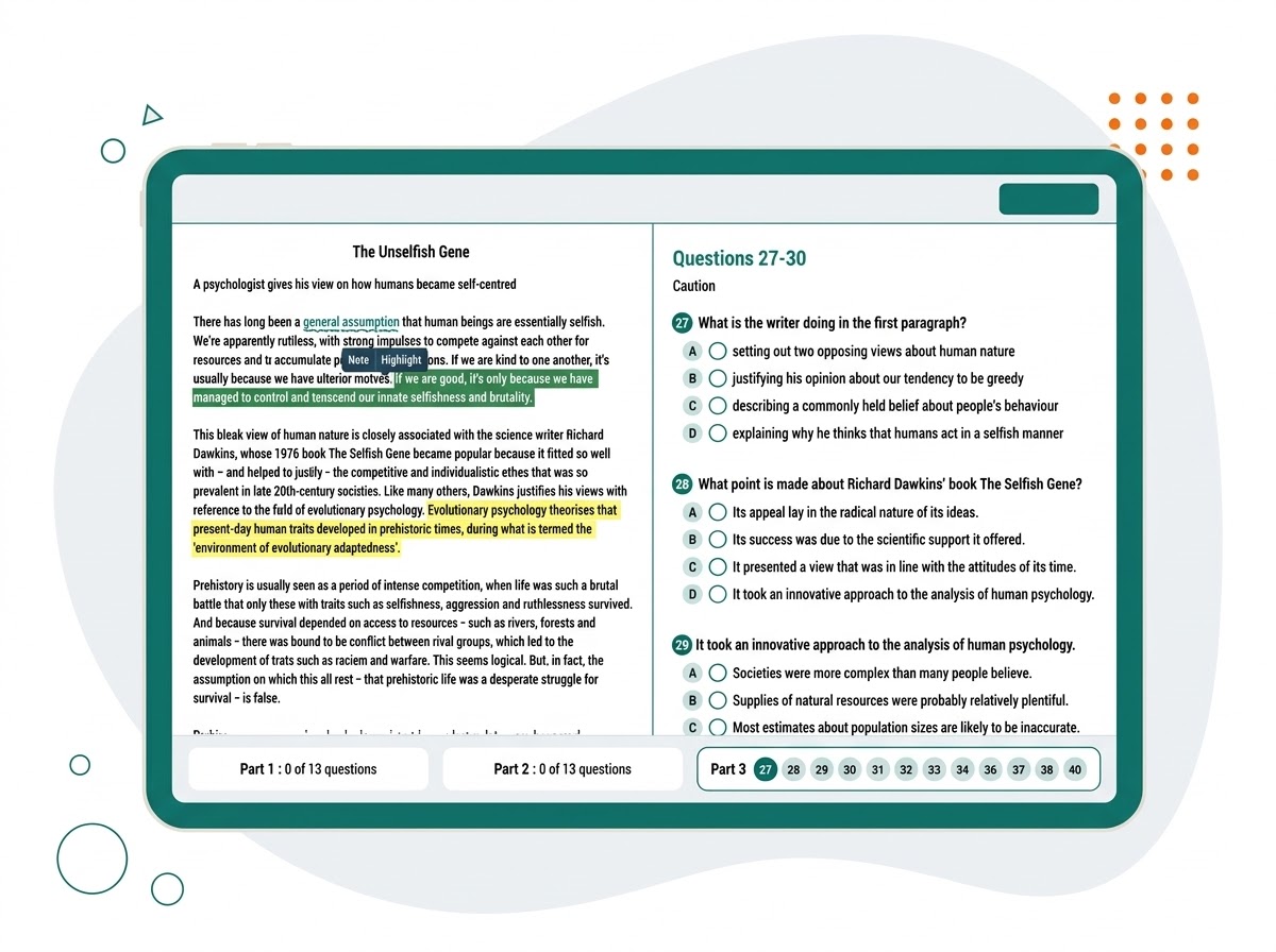 Computer-based IELTS Reading interface that mirrors the real exam.