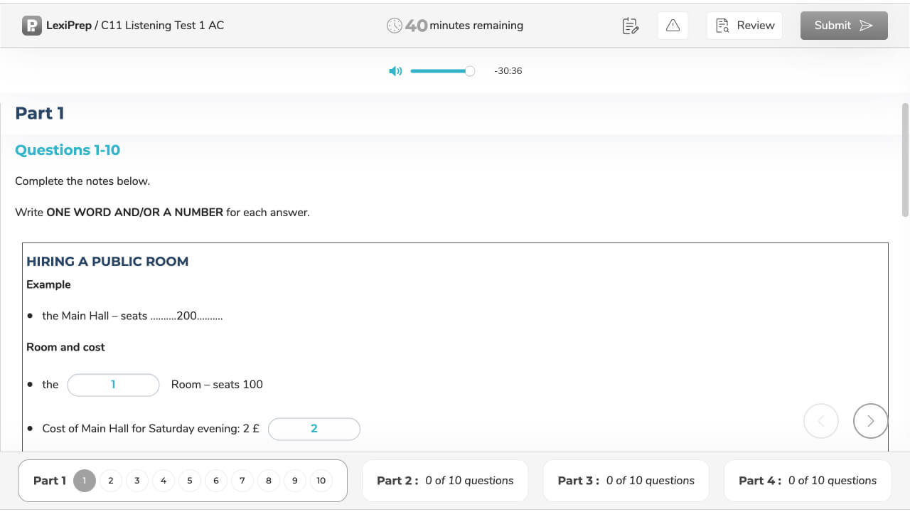 IELTS Listening test interface - LexiPrep