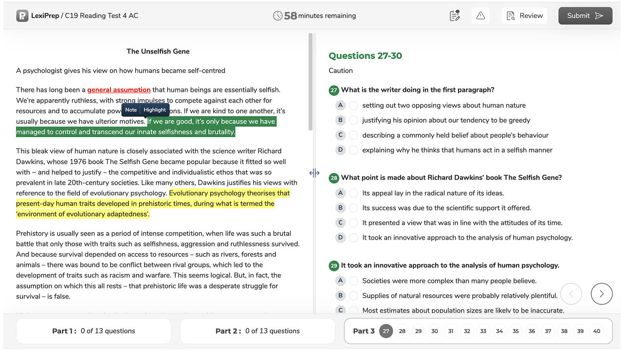 IELTS Reading test interface - LexiPrep