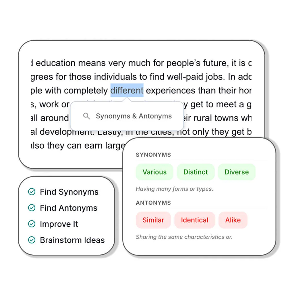 AI writing assistant for synonyms, grammar, rewrites, and ideas.
