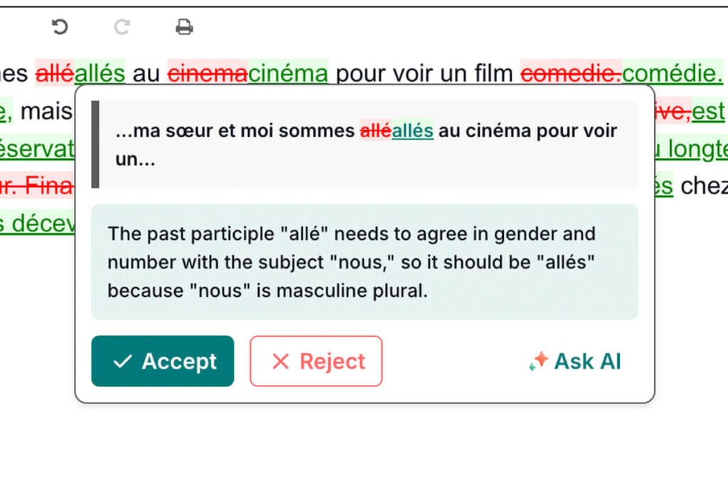 Detailed explanations of spelling and grammar mistakes provided by AI.