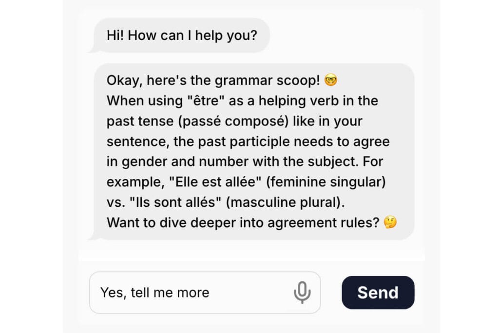 Users can ask follow-up questions to clarify mistakes and learn more about grammar.